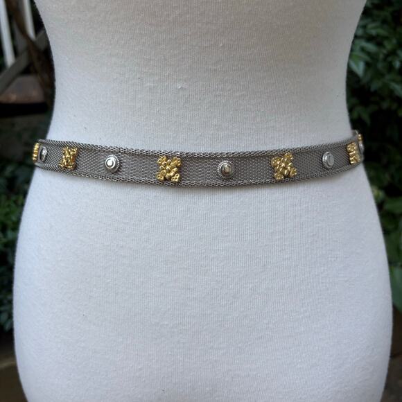 Metallic Mesh Metal Belt Gold Silver Tone Sz Sm 32” Edgy Y2K Utilitarian Floral - Picture 12 of 14